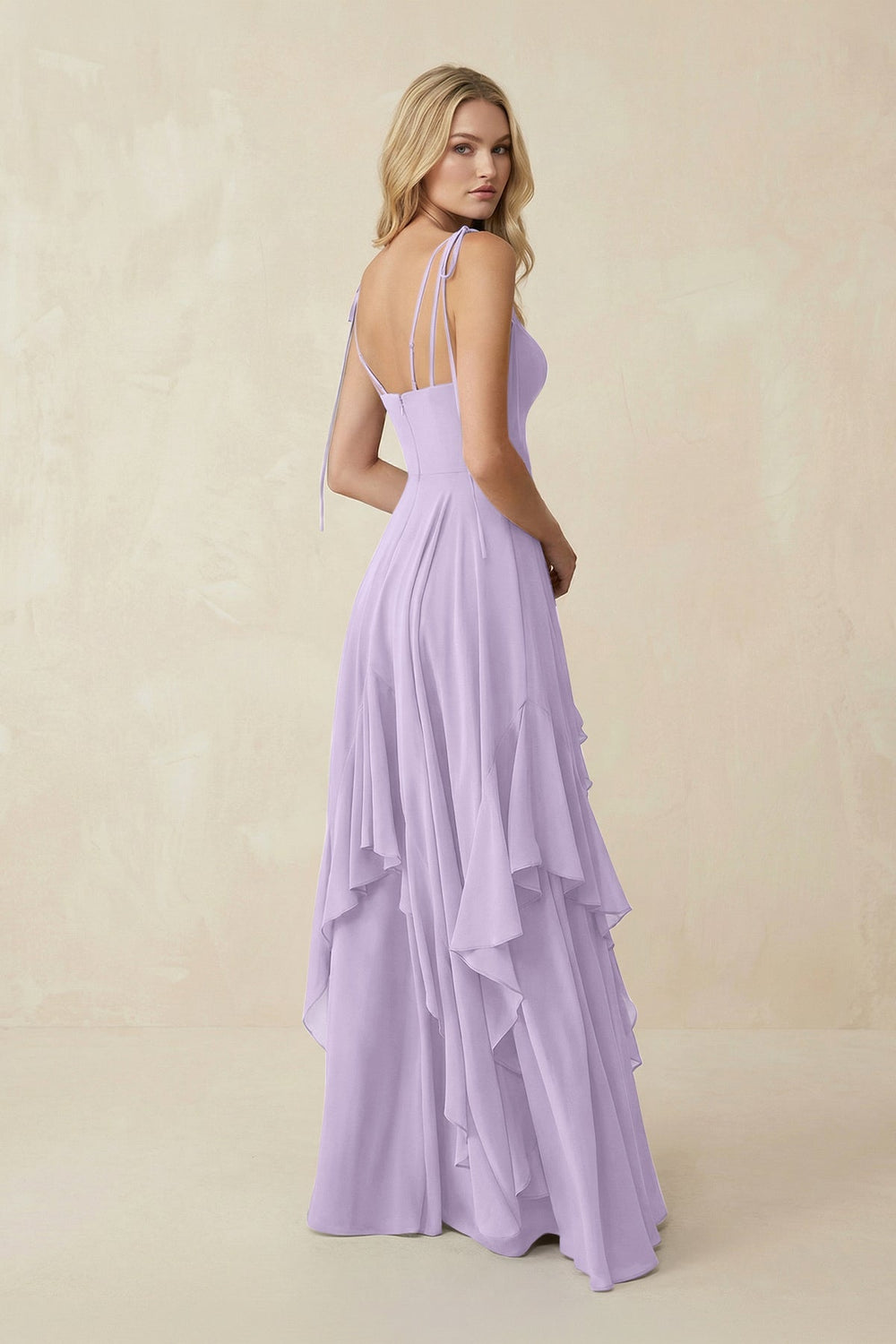 Cami Strap Ruffled A - Line Chiffon Bridesmaid Dress in Lavender - KISS BRIDAL Bridesmaid Dresses
