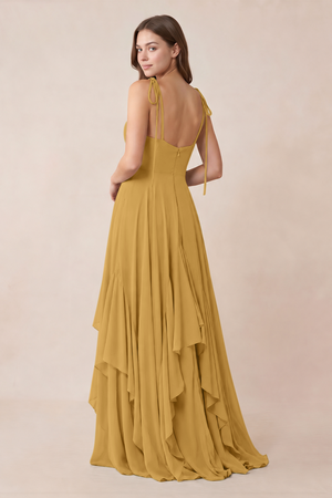 Cami Strap Ruffled A-Line Chiffon Bridesmaid Dress in Marigold (2) | KISSBRIDAL