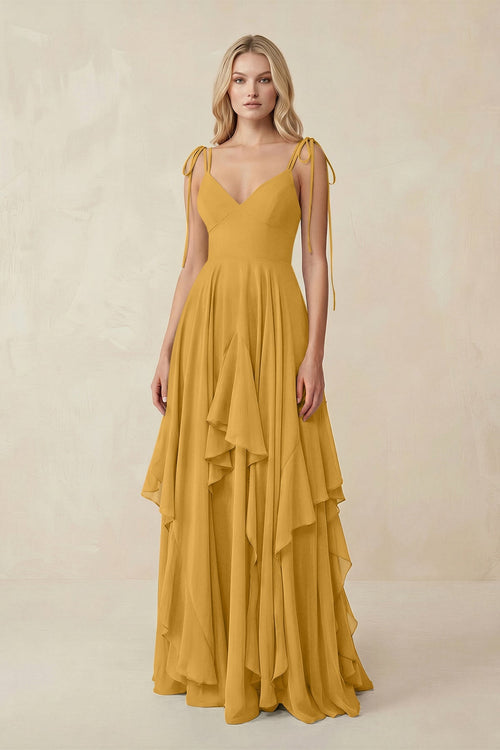 Cami Strap Ruffled A - Line Chiffon Bridesmaid Dress in Marigold - SHE IS ME Bridesmaid Dresses