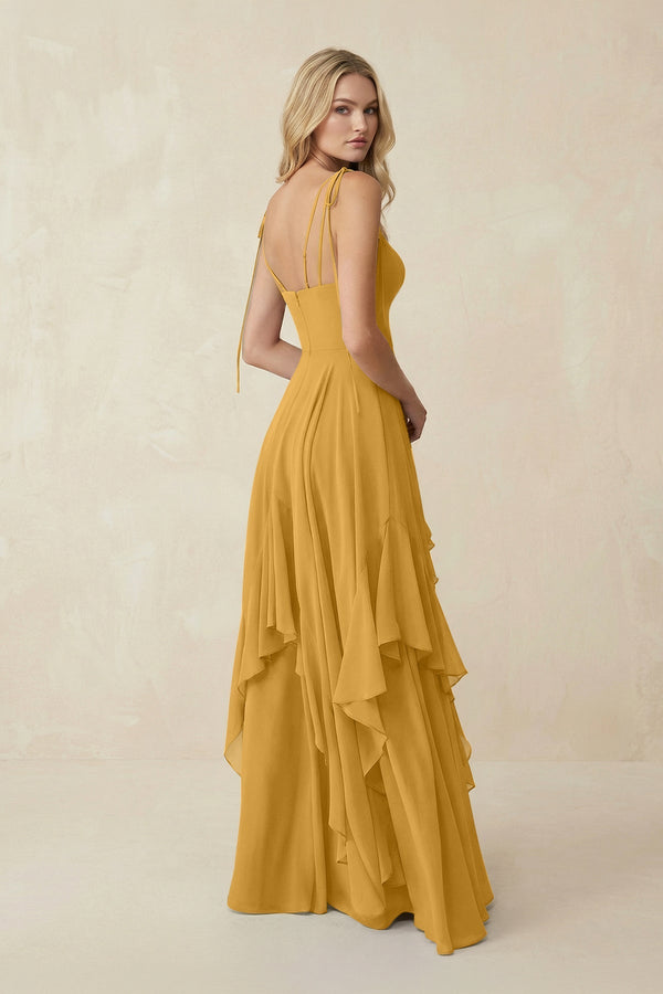 Cami Strap Ruffled A - Line Chiffon Bridesmaid Dress in Marigold - SHE IS ME Bridesmaid Dresses