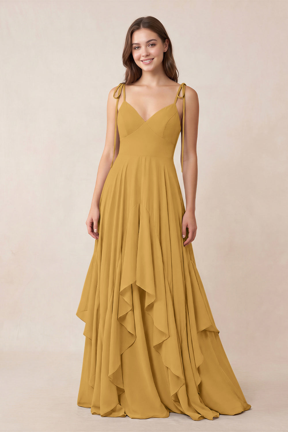 Cami Strap Ruffled A-Line Chiffon Bridesmaid Dress in Marigold