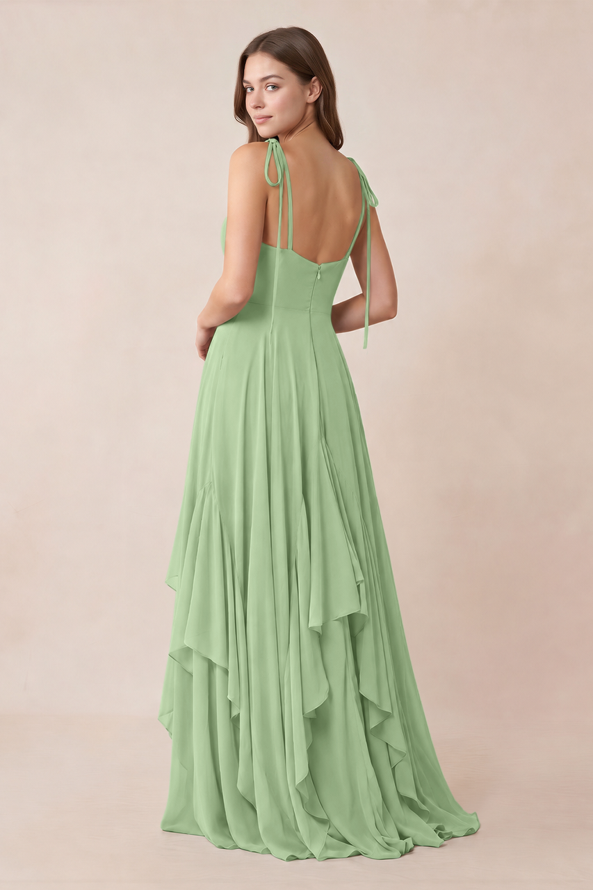 Cami Strap Ruffled A-Line Chiffon Bridesmaid Dress in Matcha