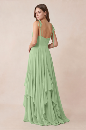 Cami Strap Ruffled A-Line Chiffon Bridesmaid Dress in Matcha (2) | KISSBRIDAL