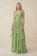 Cami Strap Ruffled A - Line Chiffon Bridesmaid Dress in Matcha - SHE IS ME Bridesmaid Dresses