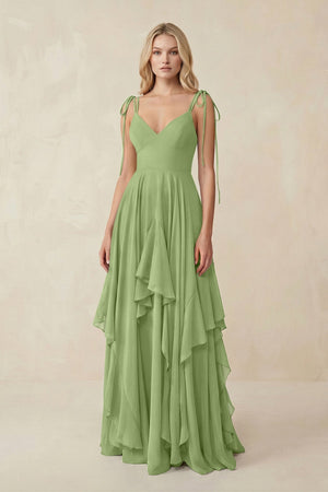 Cami Strap Ruffled A - Line Chiffon Bridesmaid Dress in Matcha - SHE IS ME Bridesmaid Dresses