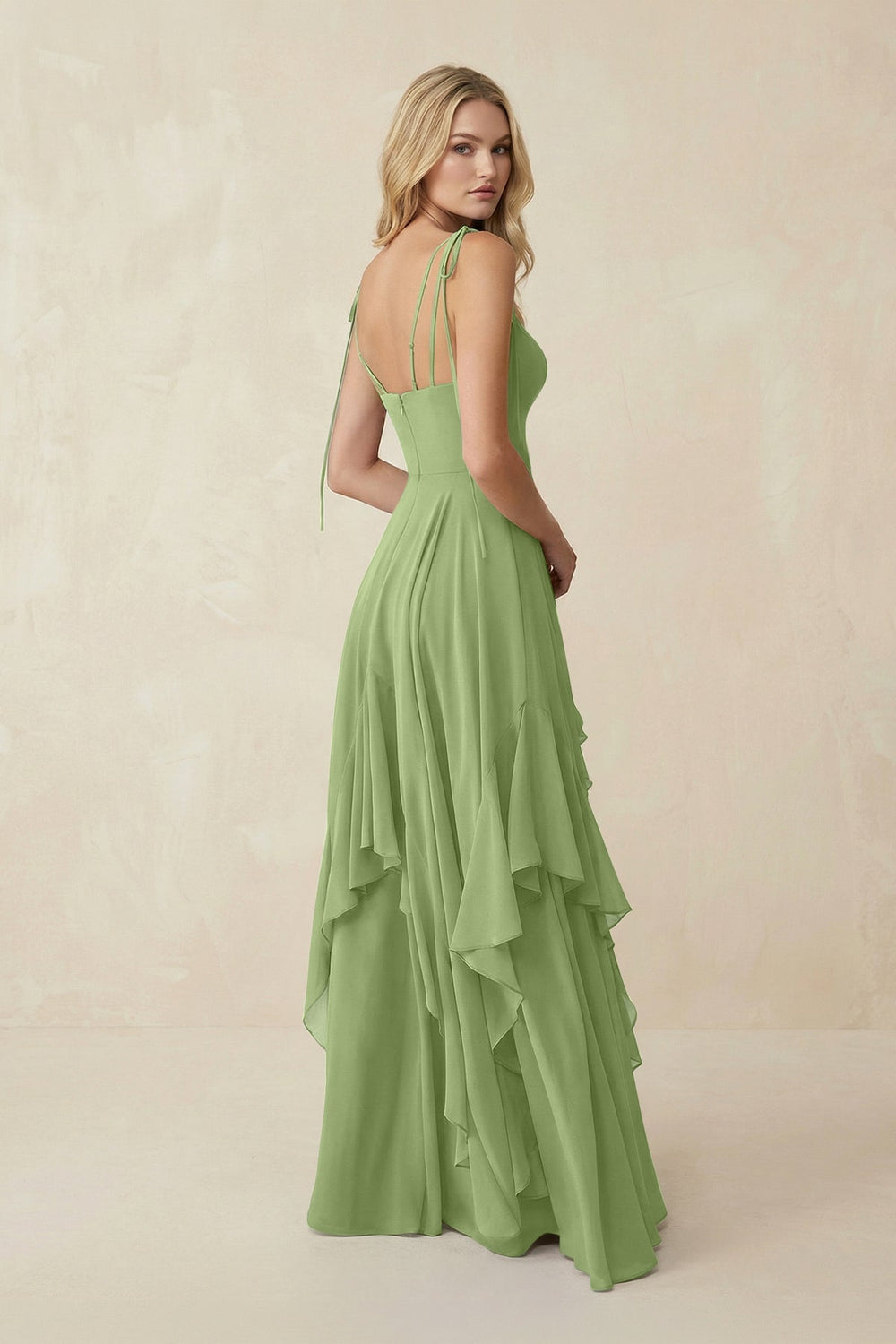 Cami Strap Ruffled A - Line Chiffon Bridesmaid Dress in Matcha - KISS BRIDAL Bridesmaid Dresses