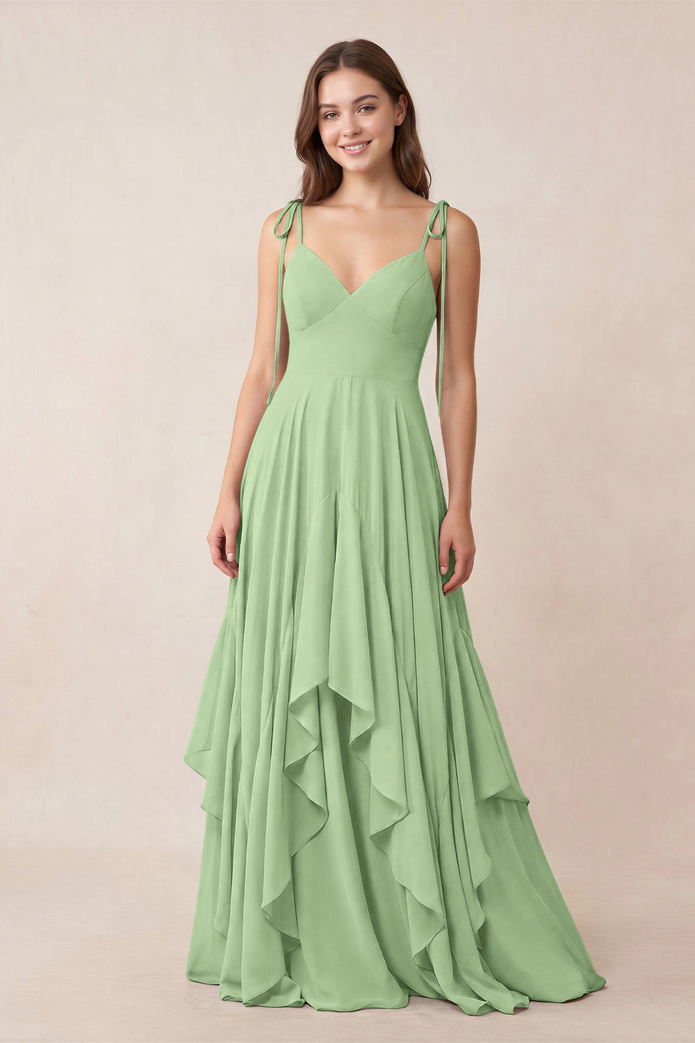 Cami Strap Ruffled A-Line Chiffon Bridesmaid Dress in Matcha