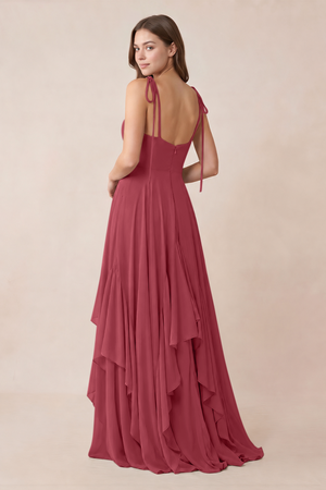 Cami Strap Ruffled A-Line Chiffon Bridesmaid Dress in Merlot (2) | KISSBRIDAL