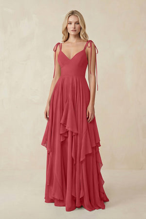 Cami Strap Ruffled A - Line Chiffon Bridesmaid Dress in Merlot - SHE IS ME Bridesmaid Dresses
