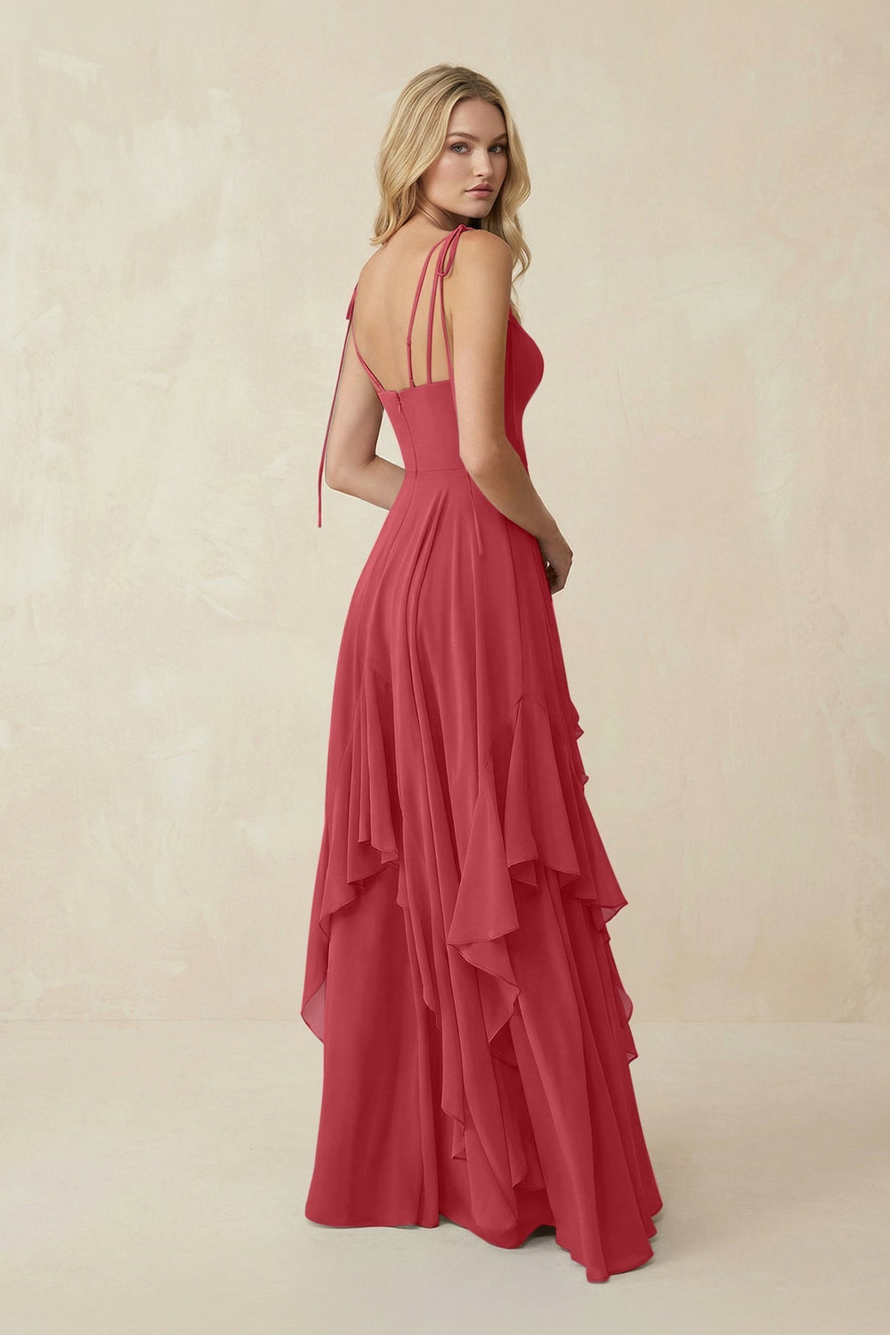 Cami Strap Ruffled A - Line Chiffon Bridesmaid Dress in Merlot - KISS BRIDAL Bridesmaid Dresses