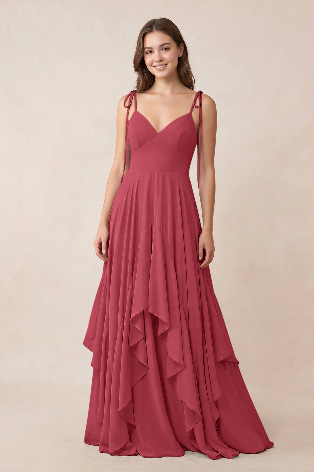 Cami Strap Ruffled A-Line Chiffon Bridesmaid Dress in Merlot
