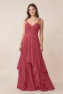 Cami Strap Ruffled A-Line Chiffon Bridesmaid Dress in Merlot | KISSBRIDAL