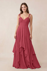 Cami Strap Ruffled A-Line Chiffon Bridesmaid Dress in Merlot | KISSBRIDAL