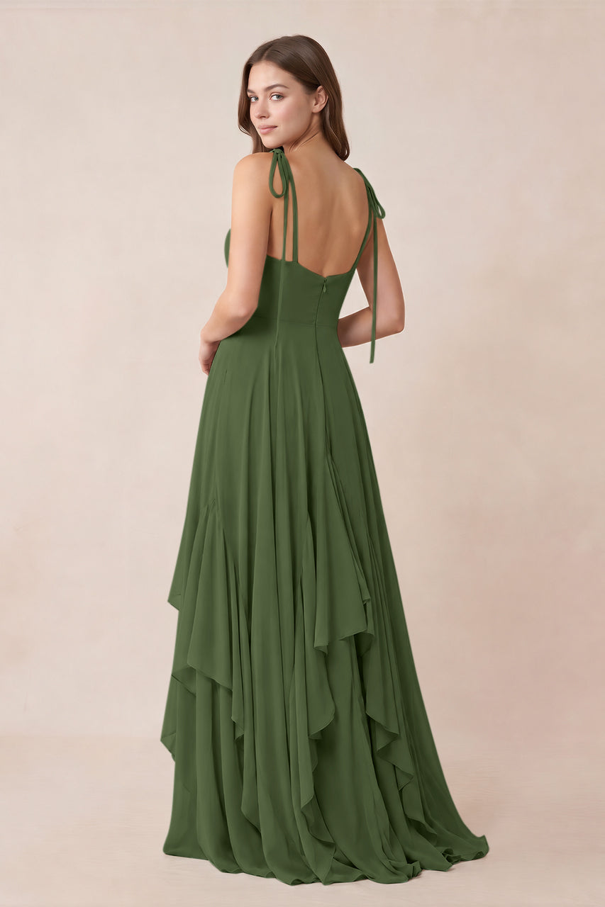 Cami Strap Ruffled A-Line Chiffon Bridesmaid Dress in Moss
