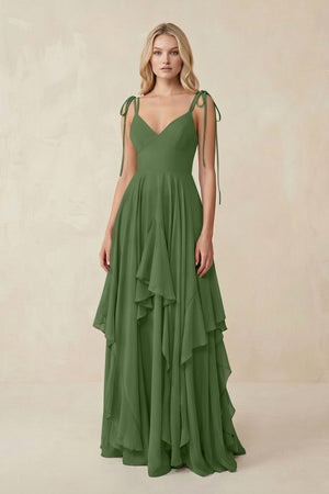 Cami Strap Ruffled A - Line Chiffon Bridesmaid Dress in Moss - SHE IS ME Bridesmaid Dresses