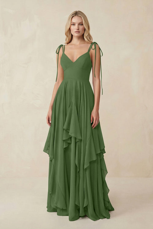 Cami Strap Ruffled A - Line Chiffon Bridesmaid Dress in Moss - SHE IS ME Bridesmaid Dresses