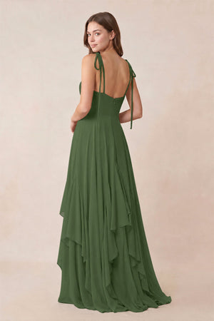 Cami Strap Ruffled A - Line Chiffon Bridesmaid Dress in Moss - KISS BRIDAL Bridesmaid Dresses