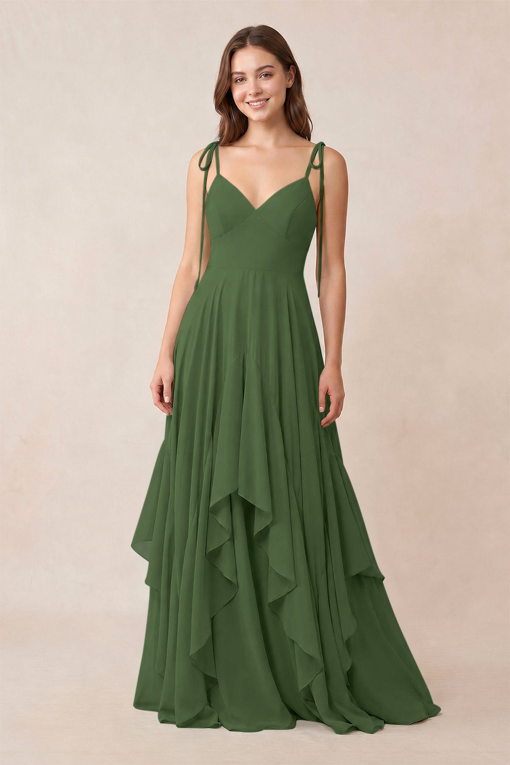 Cami Strap Ruffled A-Line Chiffon Bridesmaid Dress in Moss