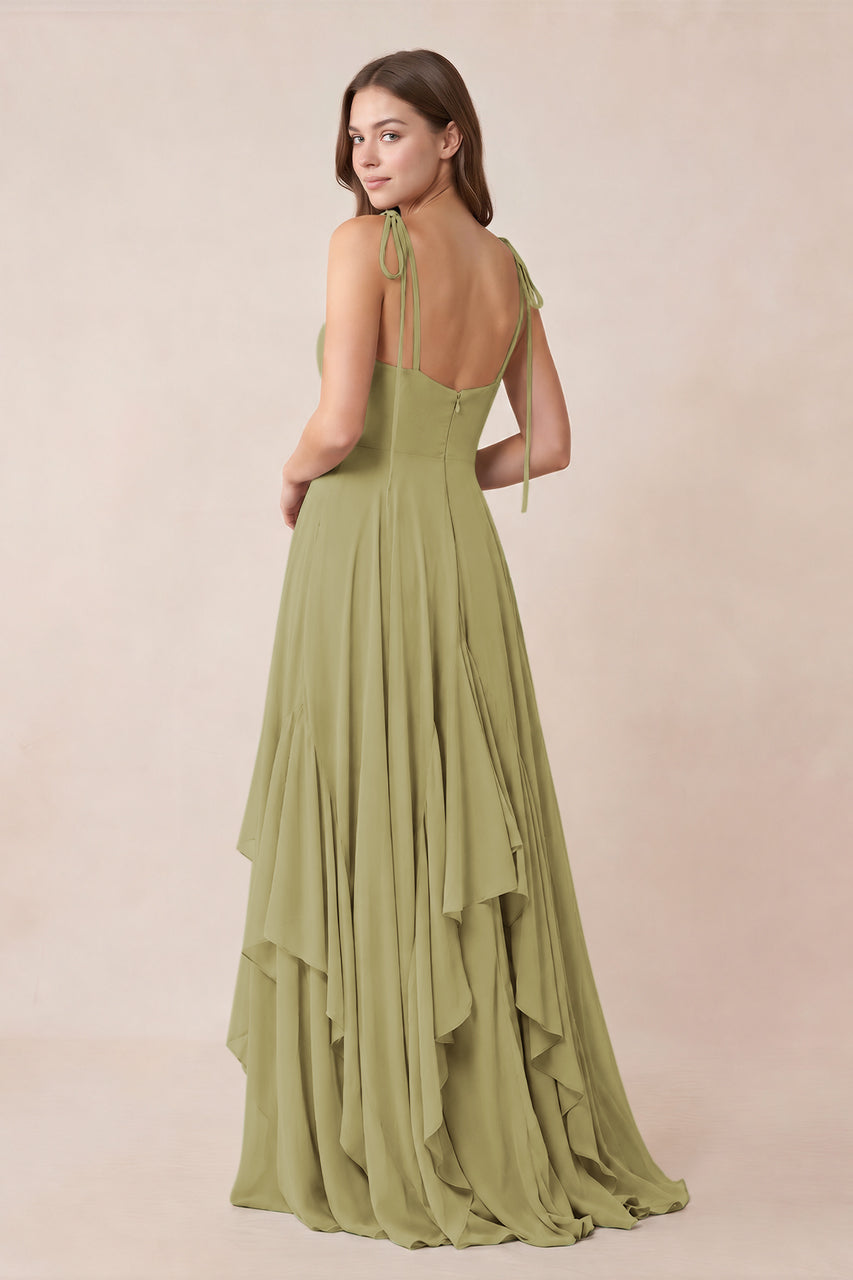 Cami Strap Ruffled A-Line Chiffon Bridesmaid Dress in Moss Green