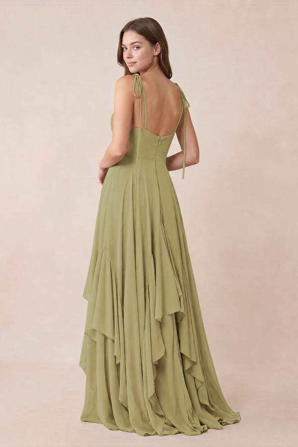 Cami Strap Ruffled A-Line Chiffon Bridesmaid Dress in Moss Green (2) | KISSBRIDAL