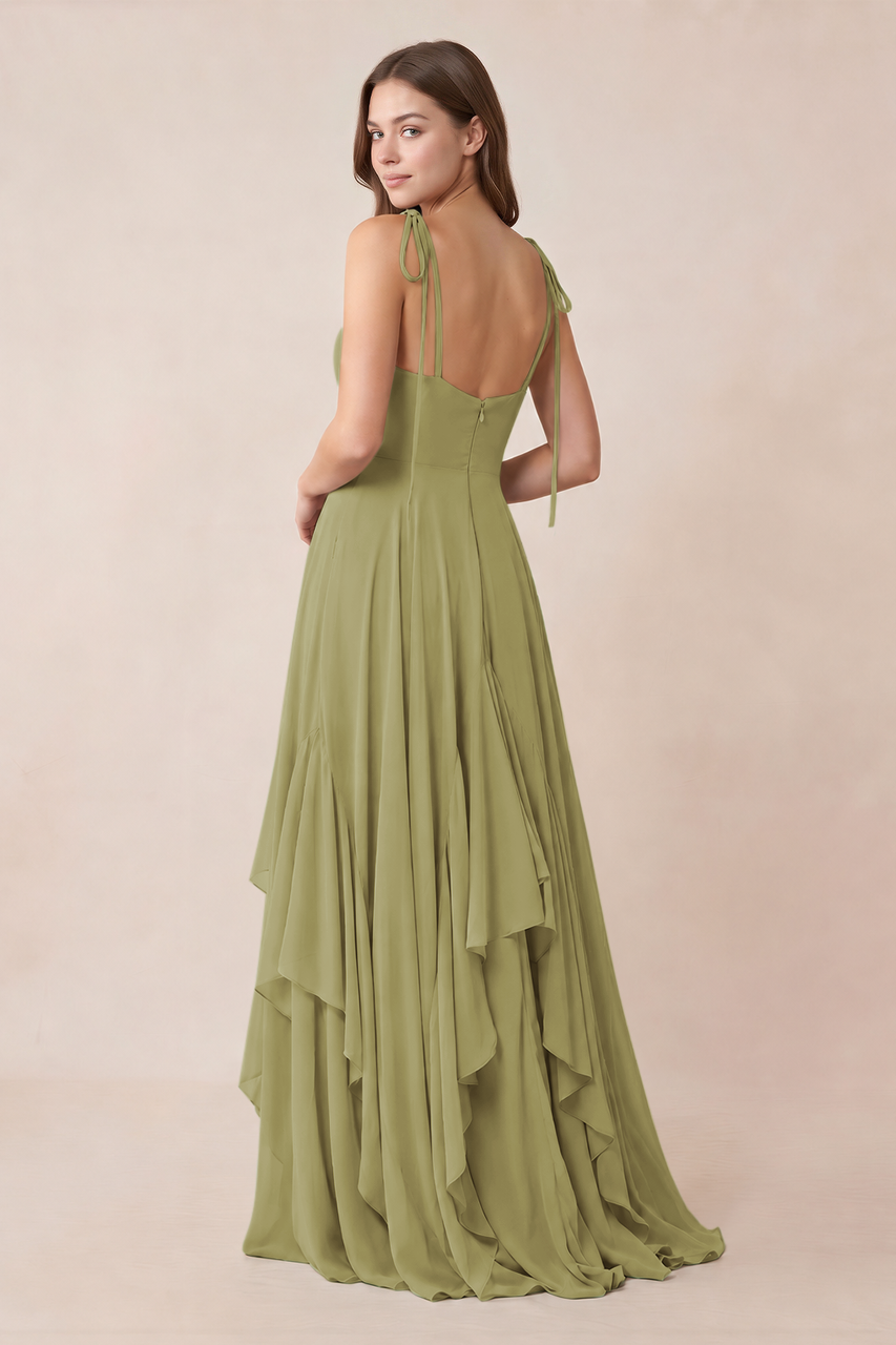 Cami Strap Ruffled A-Line Chiffon Bridesmaid Dress in Moss Green