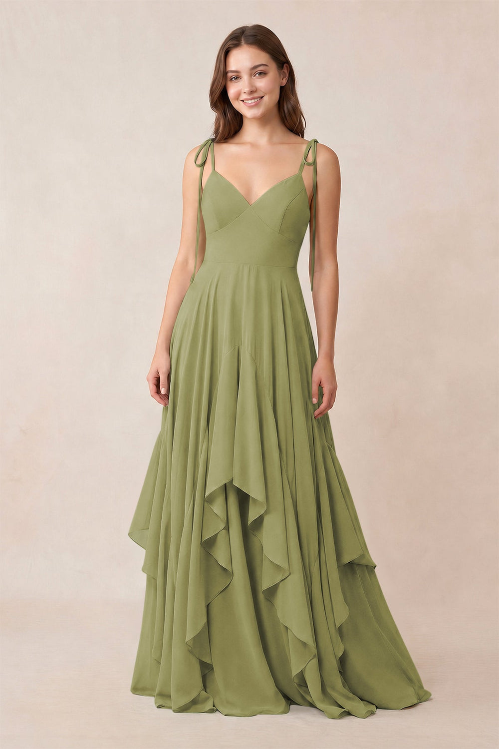 Cami Strap Ruffled A-Line Chiffon Bridesmaid Dress in Moss Green