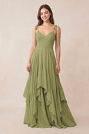 Cami Strap Ruffled A - Line Chiffon Bridesmaid Dress in Moss Green - KISS BRIDAL Bridesmaid Dresses