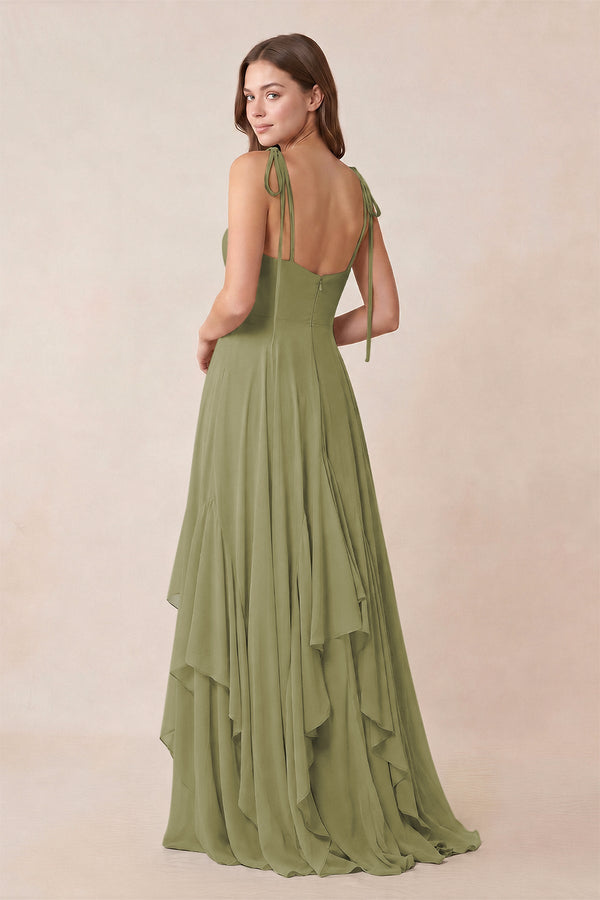 Cami Strap Ruffled A - Line Chiffon Bridesmaid Dress in Moss Green - KISS BRIDAL Bridesmaid Dresses