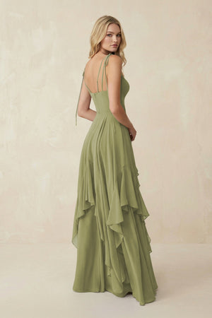 Cami Strap Ruffled A - Line Chiffon Bridesmaid Dress in Moss Green - SHE IS ME Bridesmaid Dresses