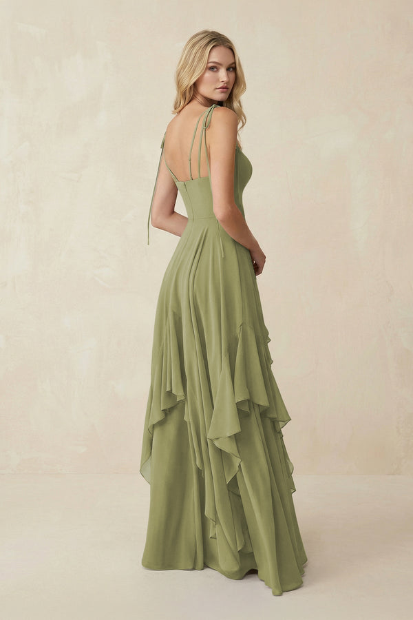 Cami Strap Ruffled A - Line Chiffon Bridesmaid Dress in Moss Green - SHE IS ME Bridesmaid Dresses