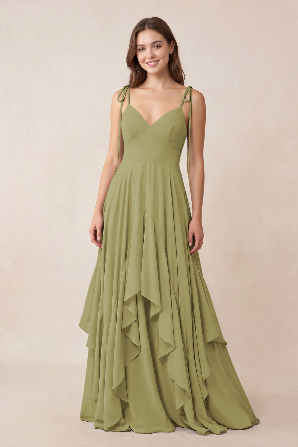 Cami Strap Ruffled A-Line Chiffon Bridesmaid Dress in Moss Green