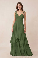 Cami Strap Ruffled A-Line Chiffon Bridesmaid Dress in Moss | KISSBRIDAL