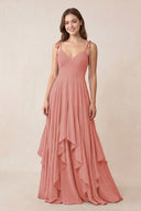 Cami Strap Ruffled A-Line Chiffon Bridesmaid Dress in Mulberry | KISSBRIDAL