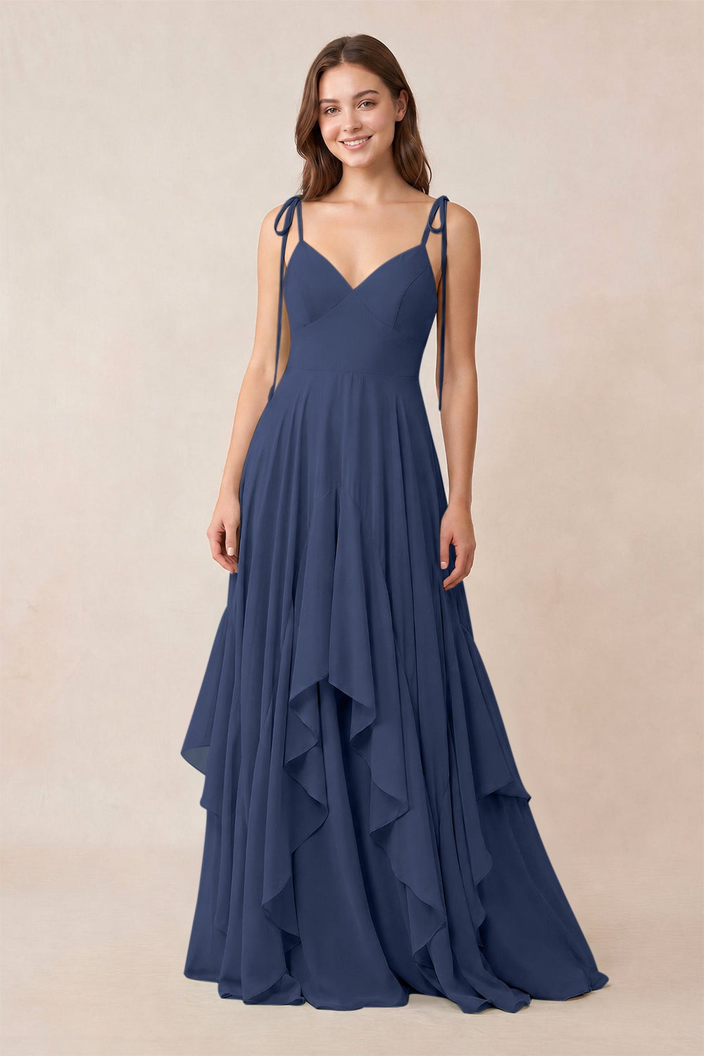 Cami Strap Ruffled A-Line Chiffon Bridesmaid Dress in Navy