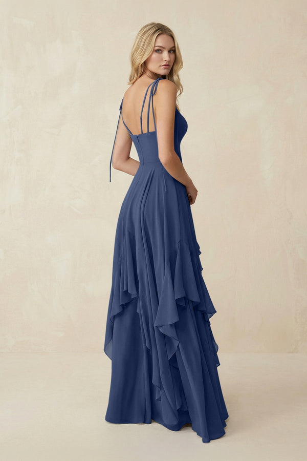 Cami Strap Ruffled A - Line Chiffon Bridesmaid Dress in Navy - SHE IS ME Bridesmaid Dresses