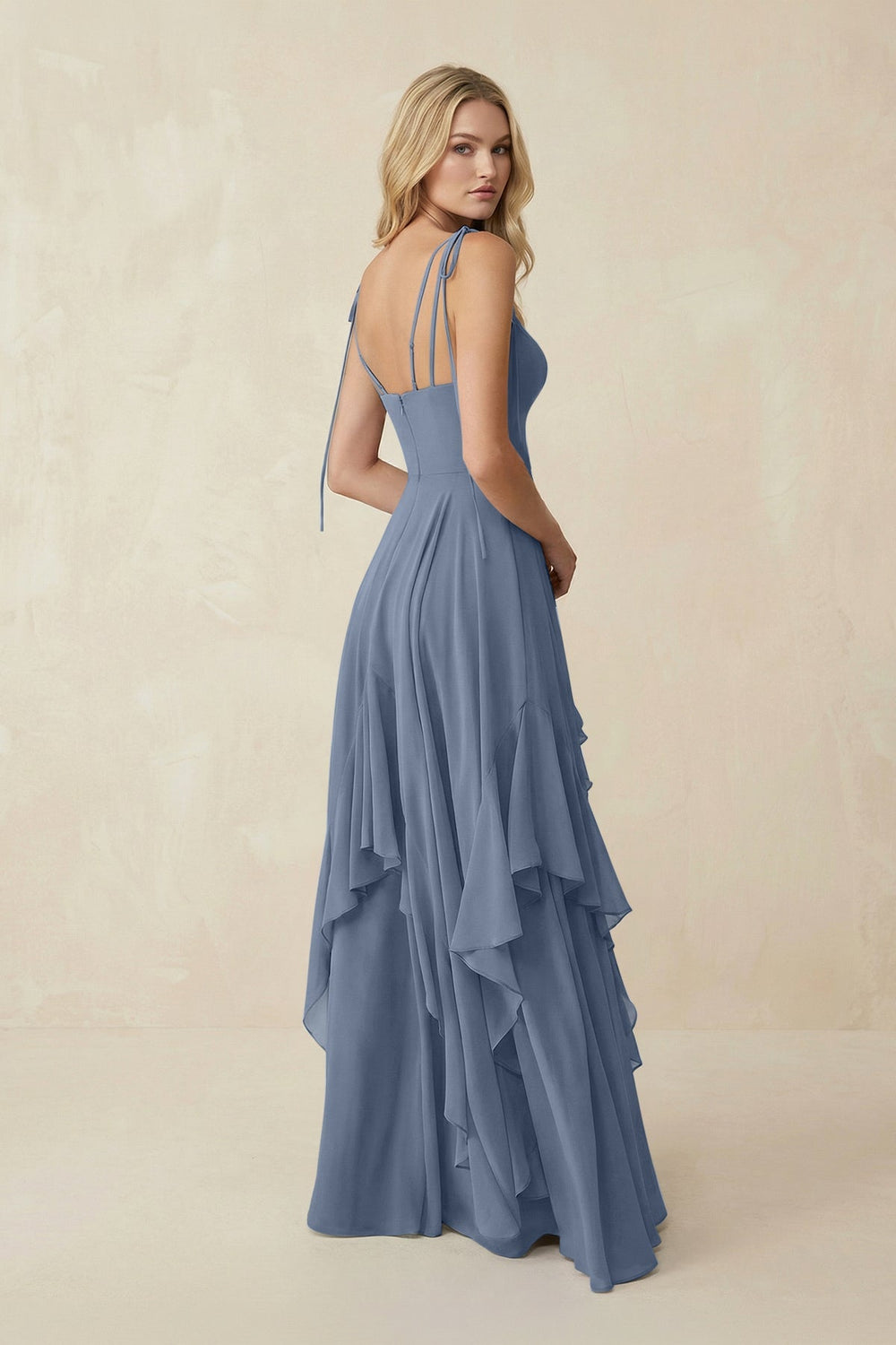 Cami Strap Ruffled A - Line Chiffon Bridesmaid Dress in Neptune - KISS BRIDAL Bridesmaid Dresses