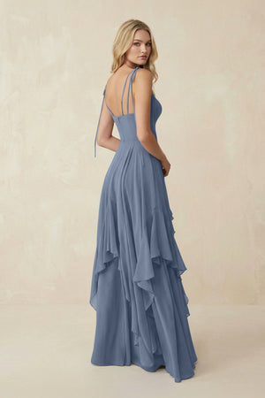 Cami Strap Ruffled A - Line Chiffon Bridesmaid Dress in Neptune - SHE IS ME Bridesmaid Dresses