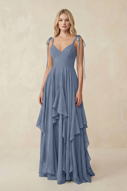 Cami Strap Ruffled A - Line Chiffon Bridesmaid Dress in Neptune - SHE IS ME Bridesmaid Dresses
