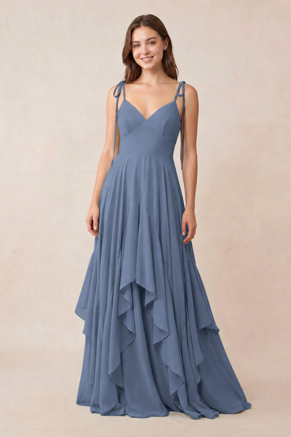 Cami Strap Ruffled A-Line Chiffon Bridesmaid Dress in Neptune