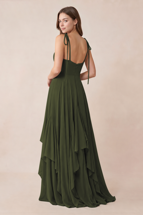 Cami Strap Ruffled A-Line Chiffon Bridesmaid Dress in Olive (2) | KISSBRIDAL