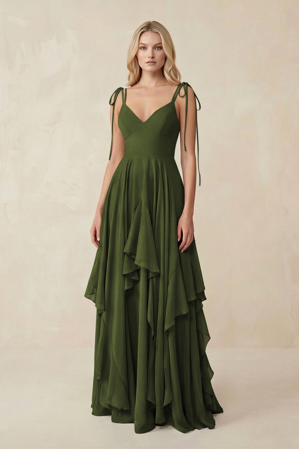 Cami Strap Ruffled A - Line Chiffon Bridesmaid Dress in Olive - KISS BRIDAL Bridesmaid Dresses