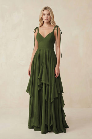 Cami Strap Ruffled A - Line Chiffon Bridesmaid Dress in Olive - SHE IS ME Bridesmaid Dresses