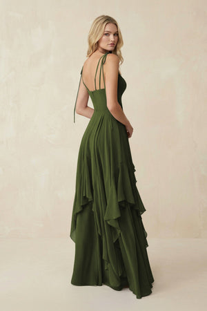 Cami Strap Ruffled A - Line Chiffon Bridesmaid Dress in Olive - SHE IS ME Bridesmaid Dresses