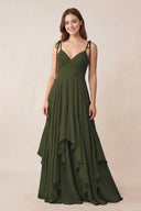 Cami Strap Ruffled A-Line Chiffon Bridesmaid Dress in Olive | KISSBRIDAL