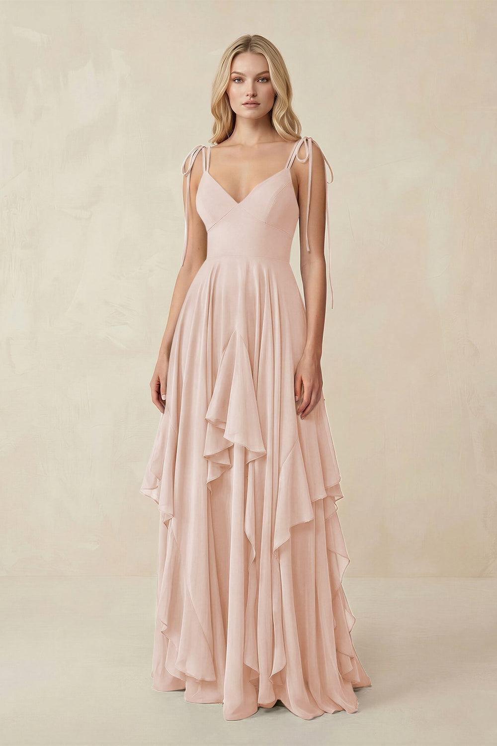 Cami Strap Ruffled A - Line Chiffon Bridesmaid Dress in Pale Blush - KISS BRIDAL Bridesmaid Dresses