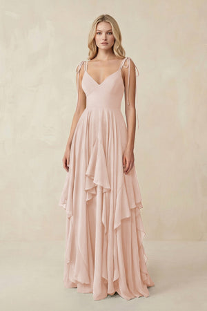Cami Strap Ruffled A - Line Chiffon Bridesmaid Dress in Pale Blush - SHE IS ME Bridesmaid Dresses
