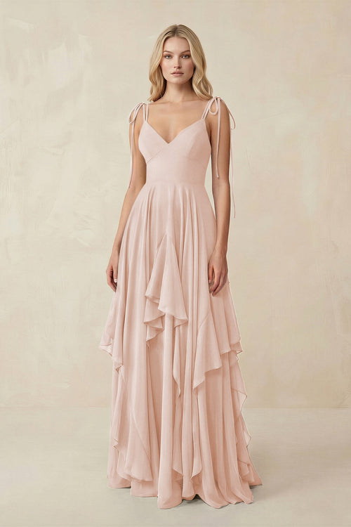 Cami Strap Ruffled A - Line Chiffon Bridesmaid Dress in Pale Blush - SHE IS ME Bridesmaid Dresses
