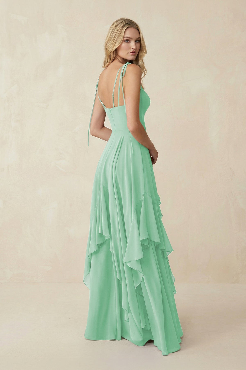 Cami Strap Ruffled A - Line Chiffon Bridesmaid Dress in Pale Pistachio - KISS BRIDAL Bridesmaid Dresses