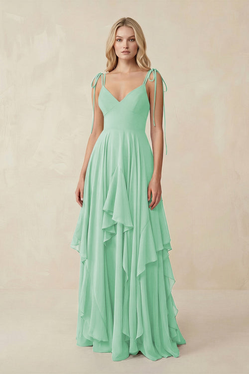 Cami Strap Ruffled A - Line Chiffon Bridesmaid Dress in Pale Pistachio - SHE IS ME Bridesmaid Dresses