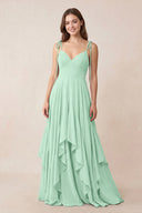 Cami Strap Ruffled A-Line Chiffon Bridesmaid Dress in Pale Pistachio | KISSBRIDAL